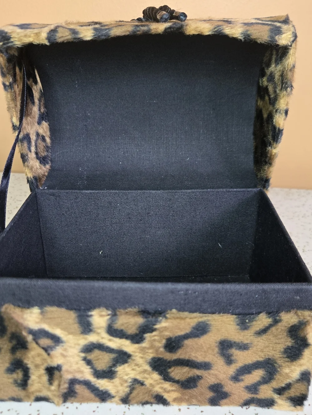Leopard Print Faux Fur Trinket Trunk with Rope Knot Accent